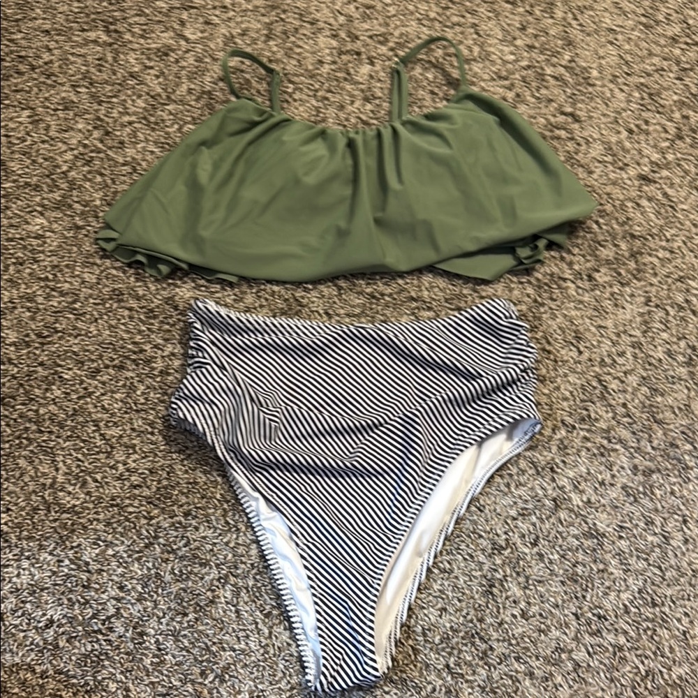 Green and Black Striped Women's Bikini Set